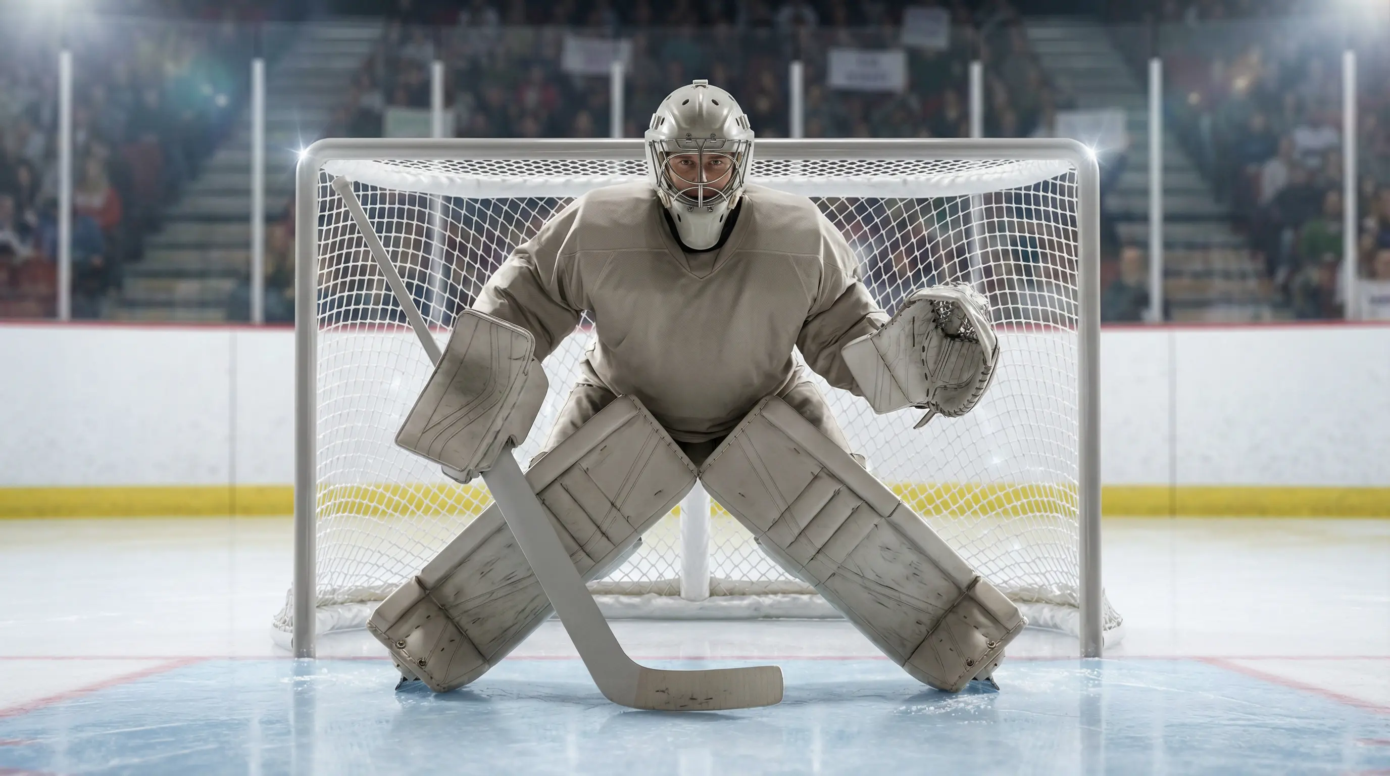 Gardien de hockey sur glace en position devant ses filets pendant un match