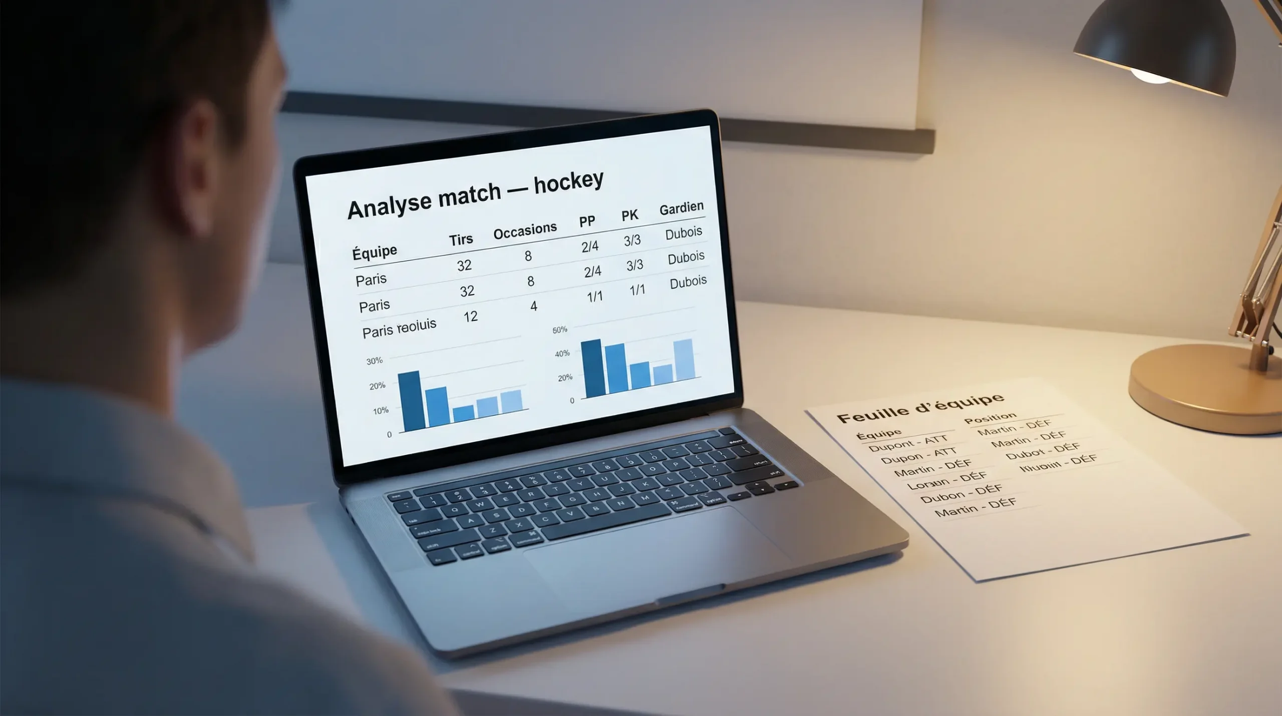 Personne étudiant des statistiques de hockey sur un écran d'ordinateur portable