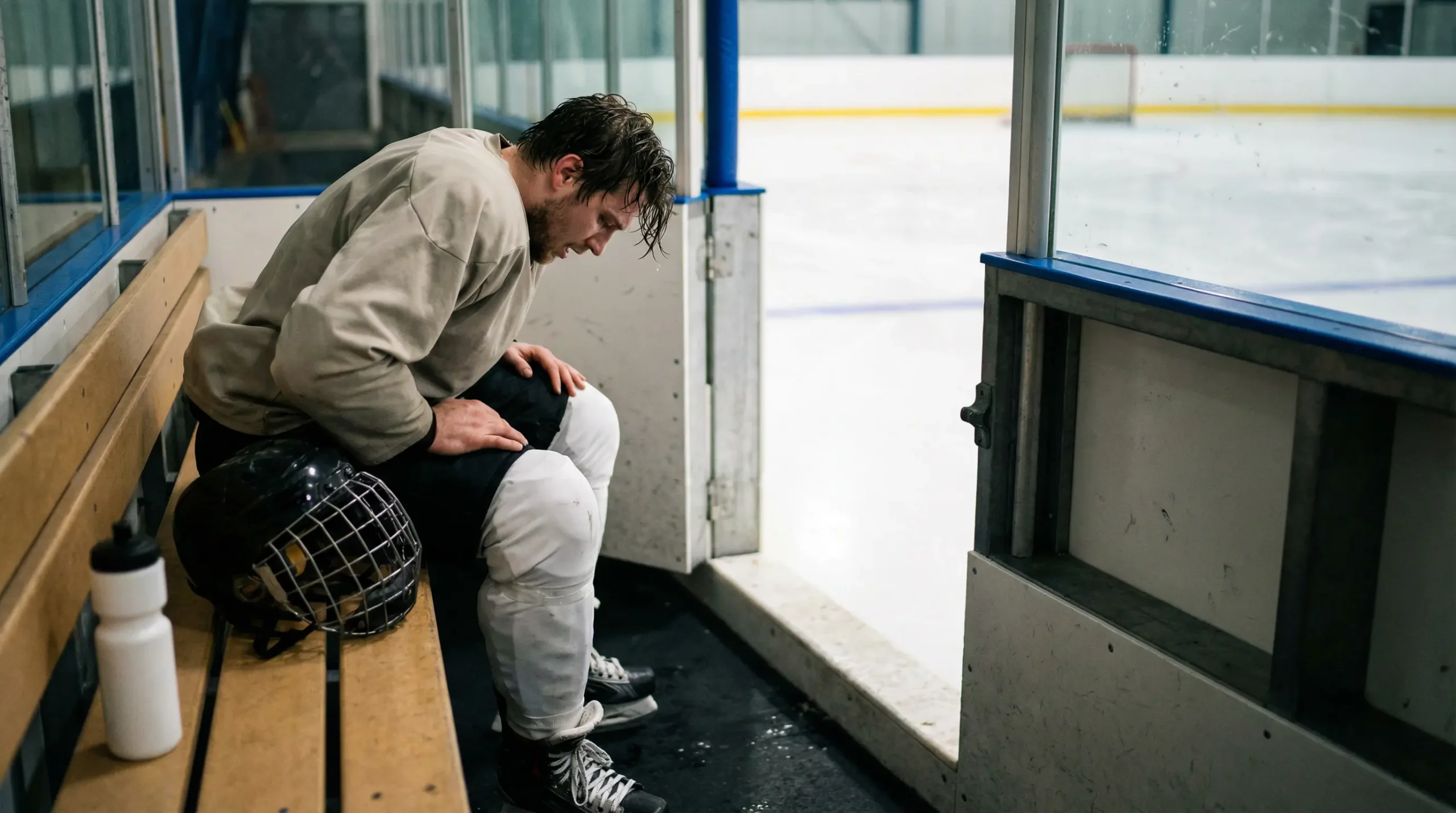Joueur de hockey fatigué assis sur le banc de son équipe dans une patinoire