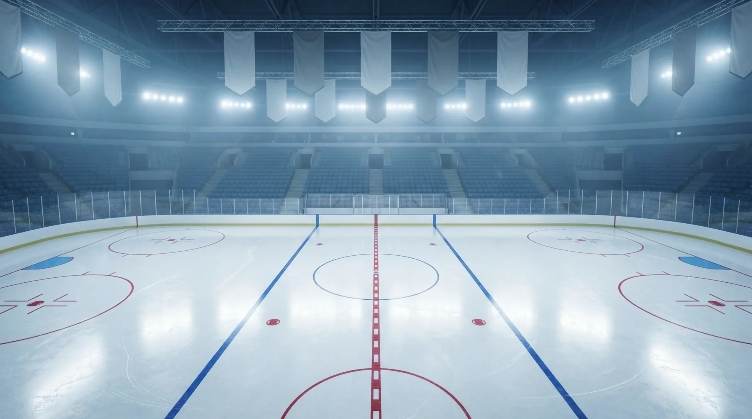 Vue panoramique d'une patinoire NHL vide en début de saison avec la glace fraîchement préparée