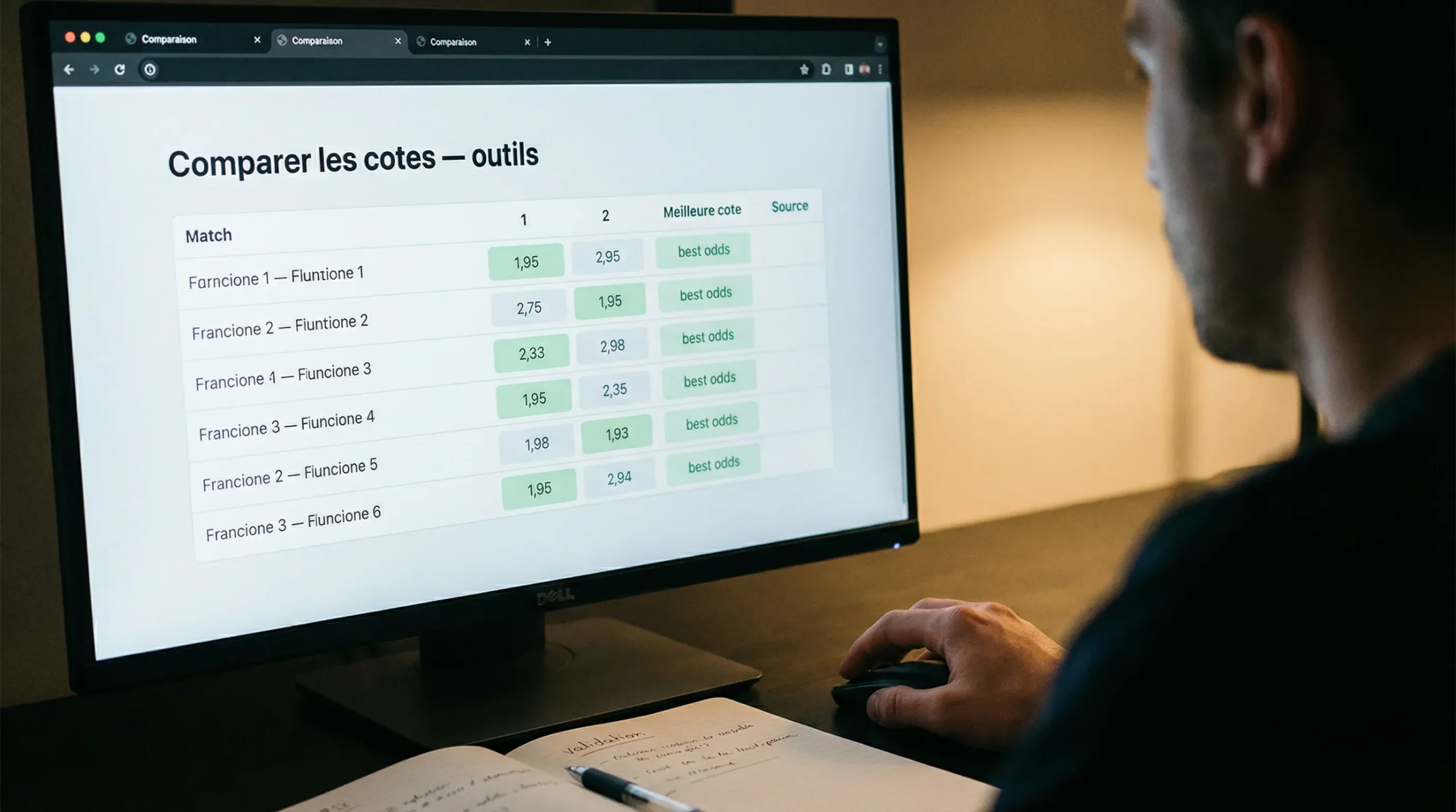 Plusieurs onglets ouverts sur un écran d'ordinateur comparant des données sportives