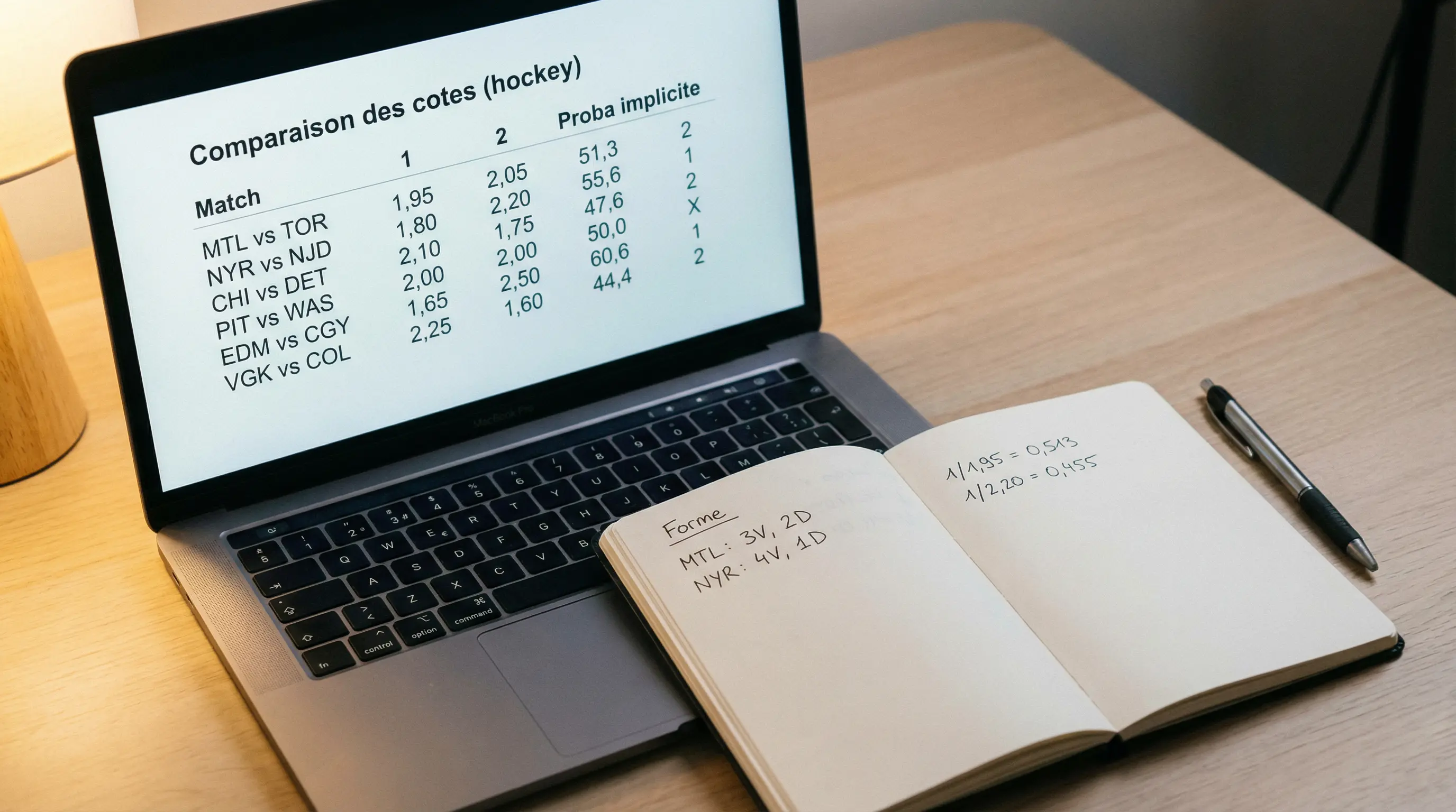 Écran d’ordinateur affichant des cotes de hockey sur glace en format décimal