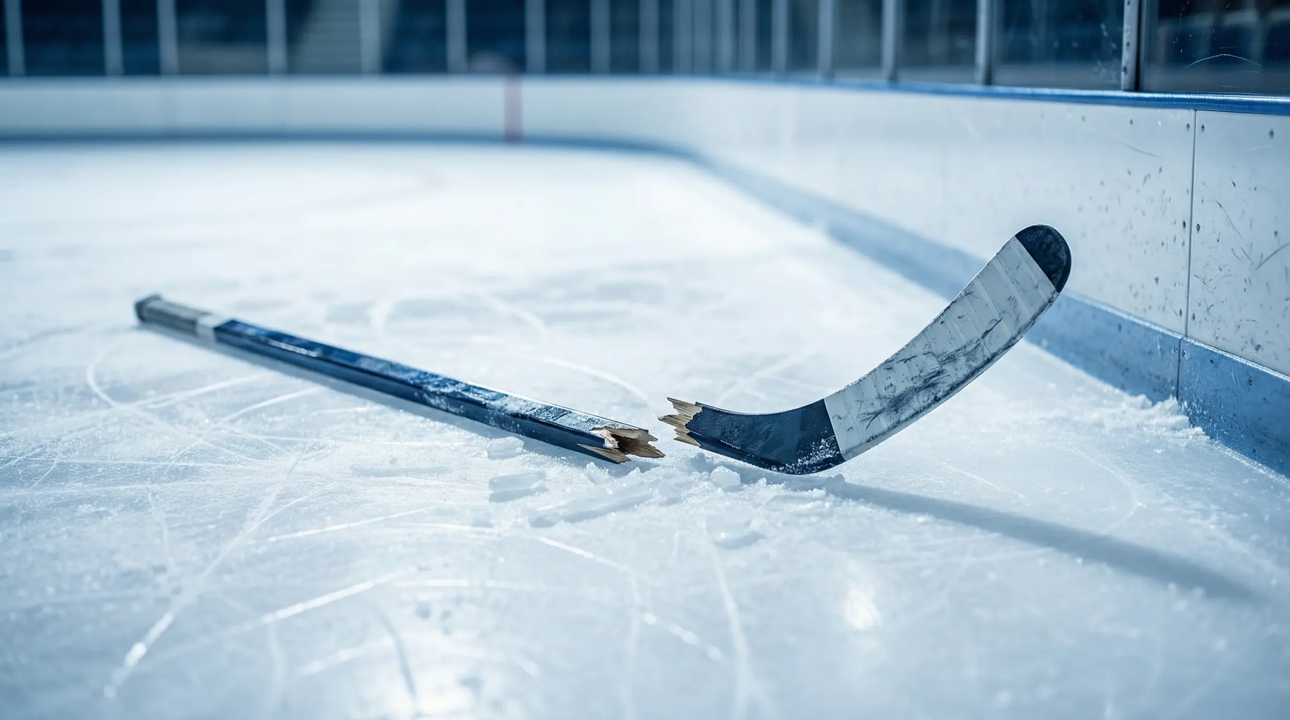 Crosse de hockey cassée sur la glace symbolisant les erreurs dans les paris sportifs