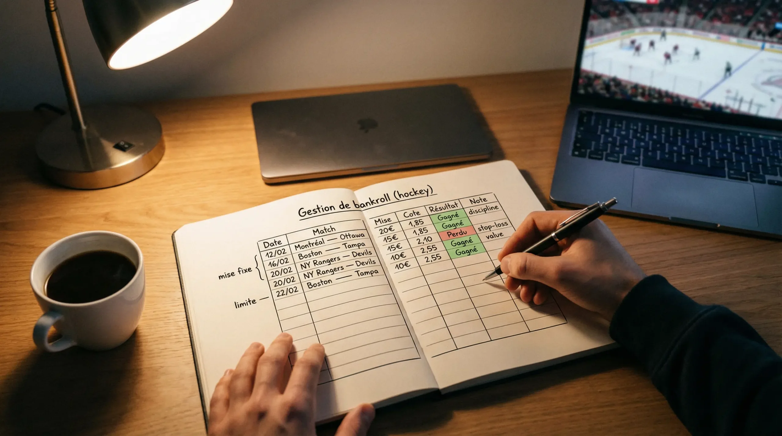 Personne prenant des notes dans un carnet avec un stylo à côté d'un écran affichant un match de hockey