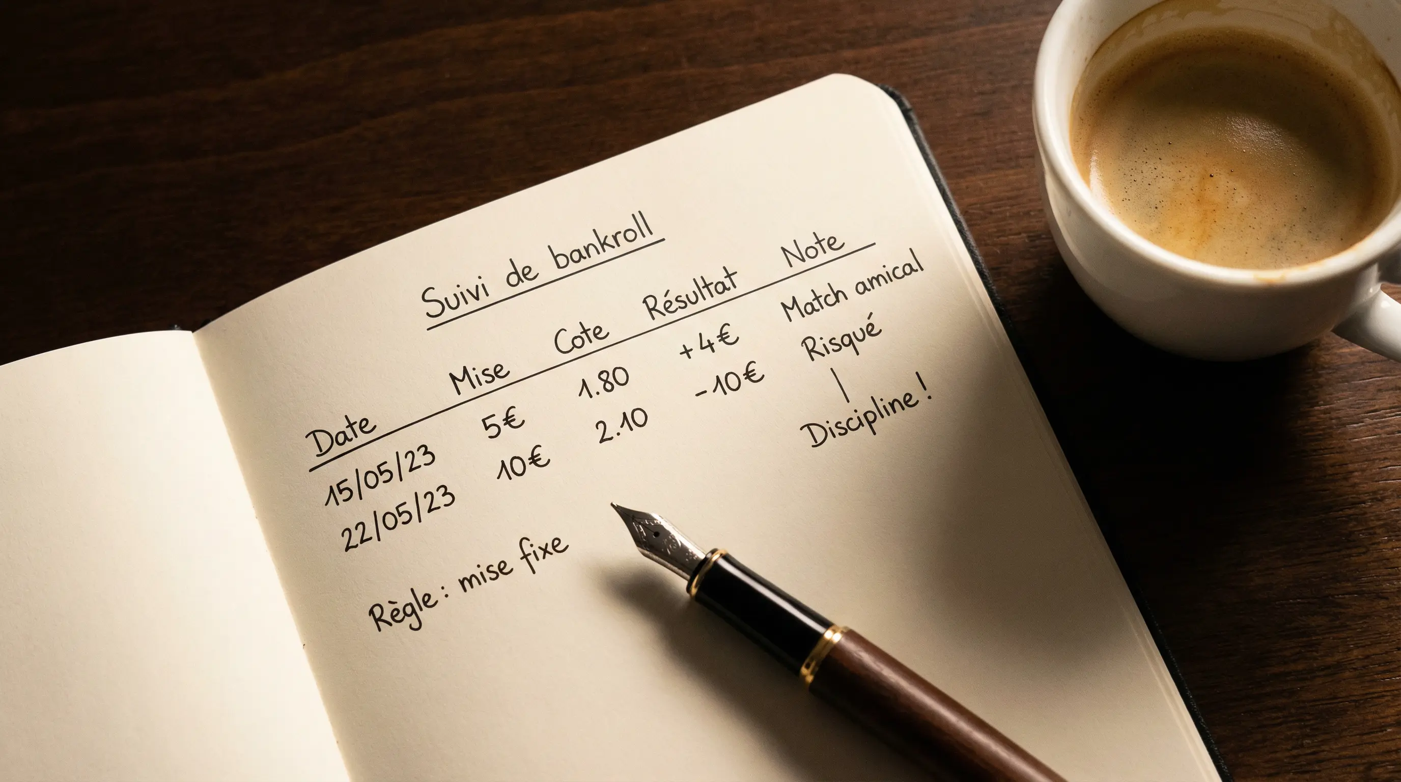 Carnet de notes ouvert avec un stylo posé sur des annotations de suivi de paris sportifs