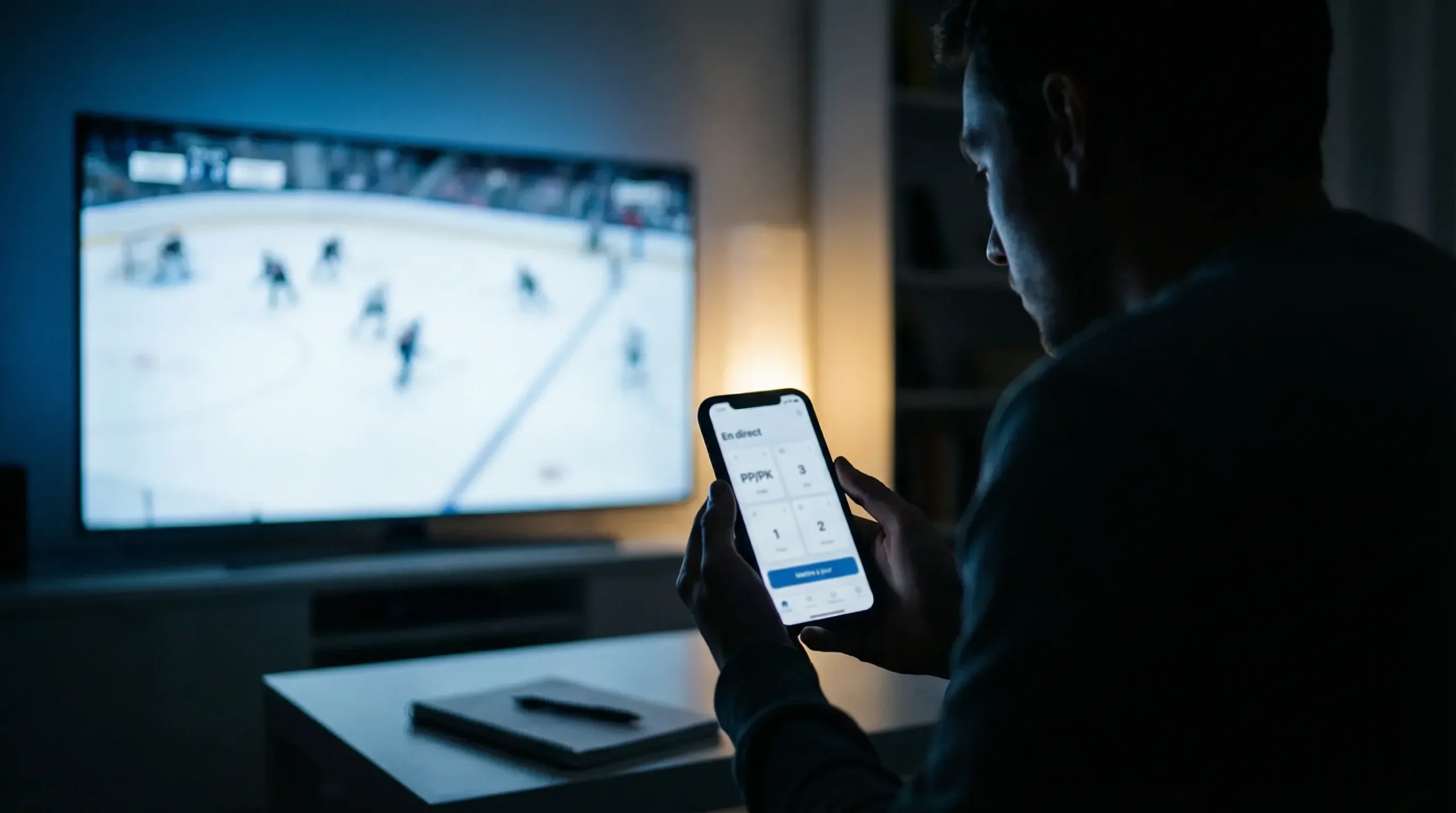 Personne regardant un match de hockey en direct sur un écran avec un smartphone à la main