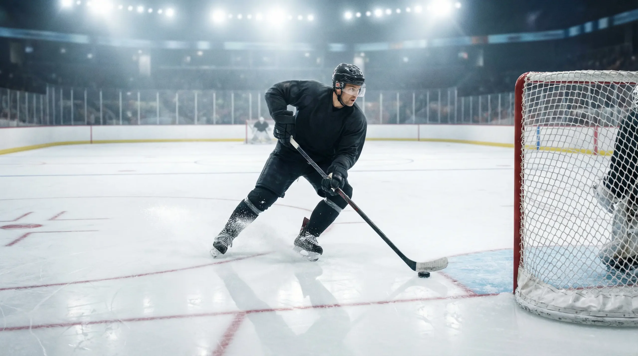 Joueur de hockey sur glace en action sur la patinoire avec un palet près de la cage adverse