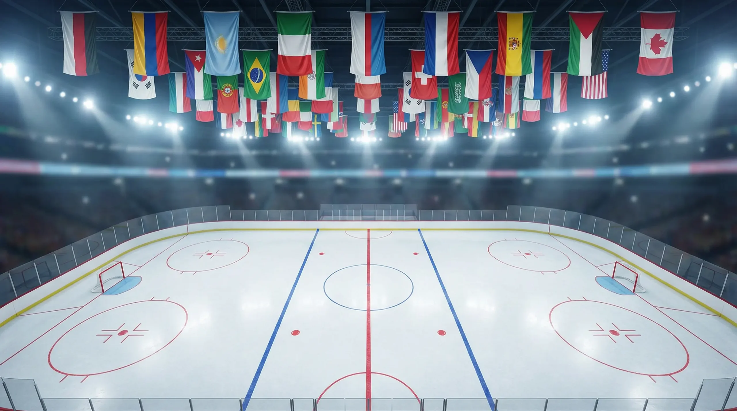 Drapeaux de différentes nations flottant au-dessus d'une patinoire de hockey lors d'un tournoi international