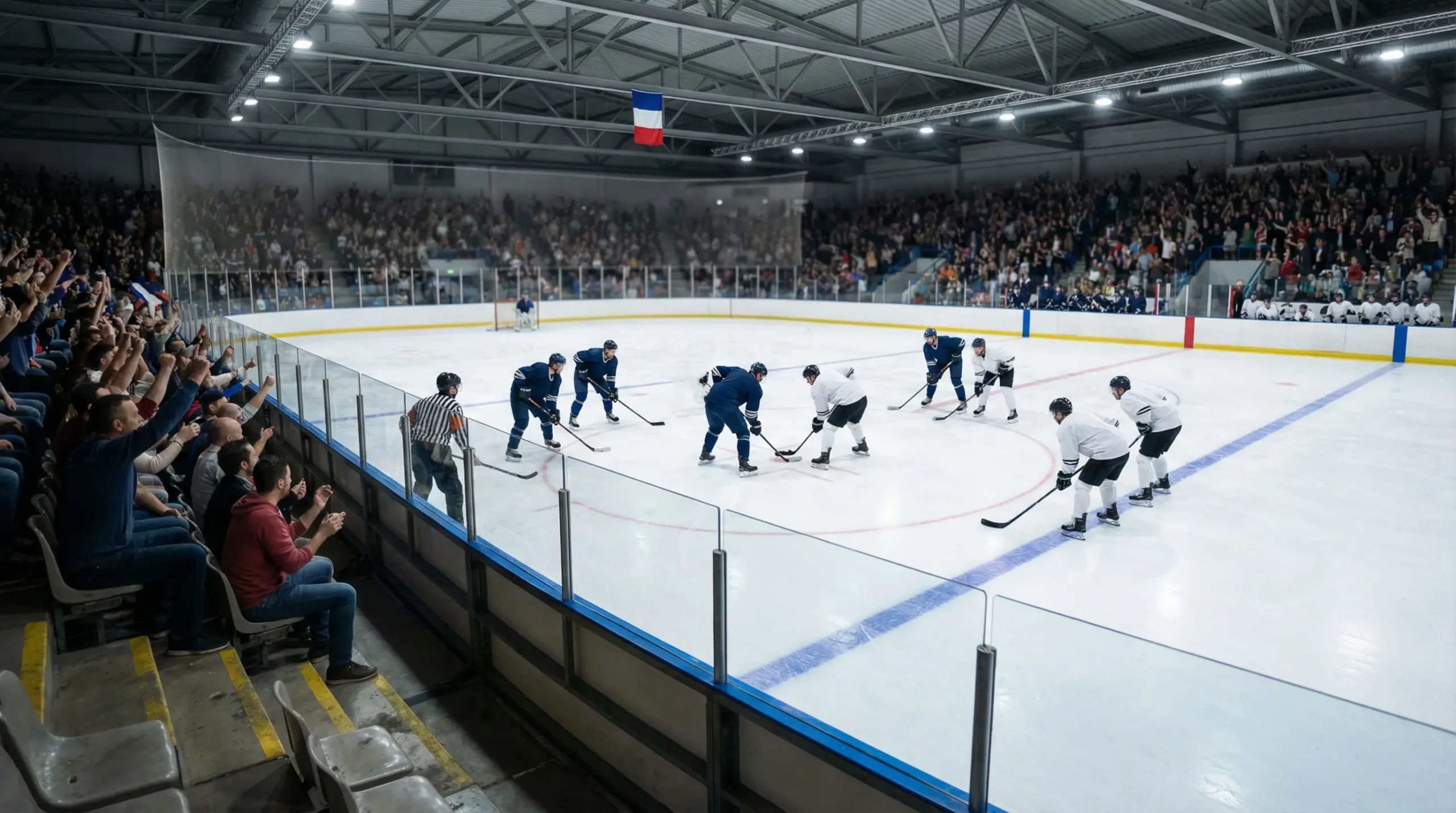 Patinoire de hockey française avec drapeaux tricolores et ambiance de match de Ligue Magnus