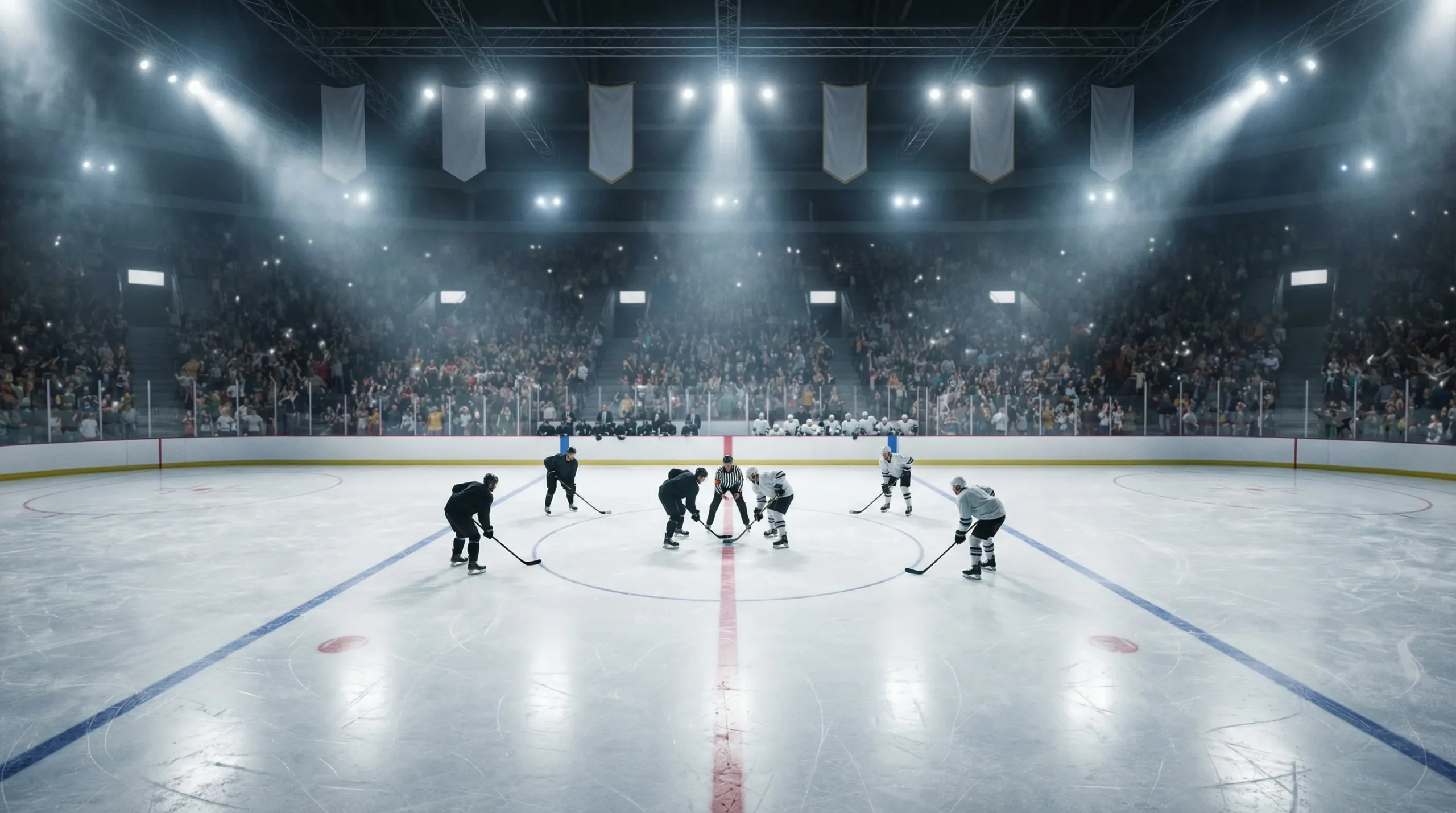 Patinoire de hockey en ambiance de playoffs avec lumière intense et atmosphère compétitive