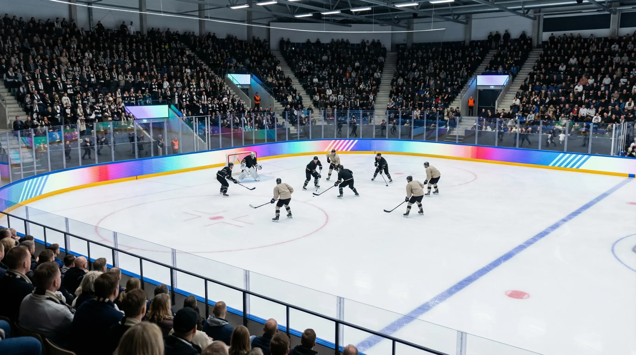 Patinoire de hockey nordique avec une ambiance européenne et des gradins proches de la glace