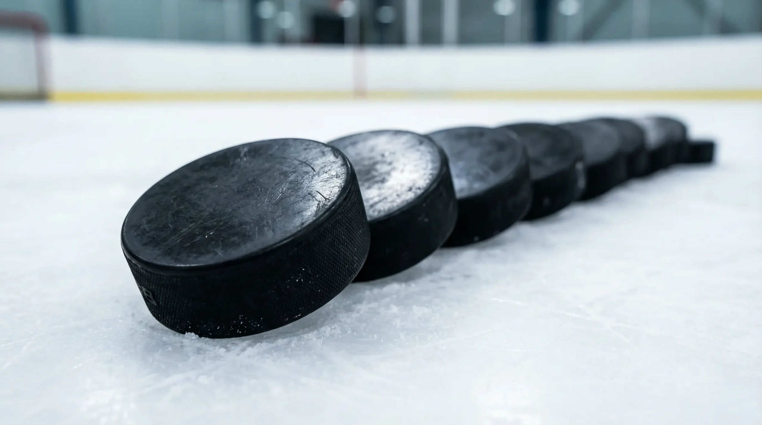 Plusieurs palets de hockey alignés sur la glace vus en perspective