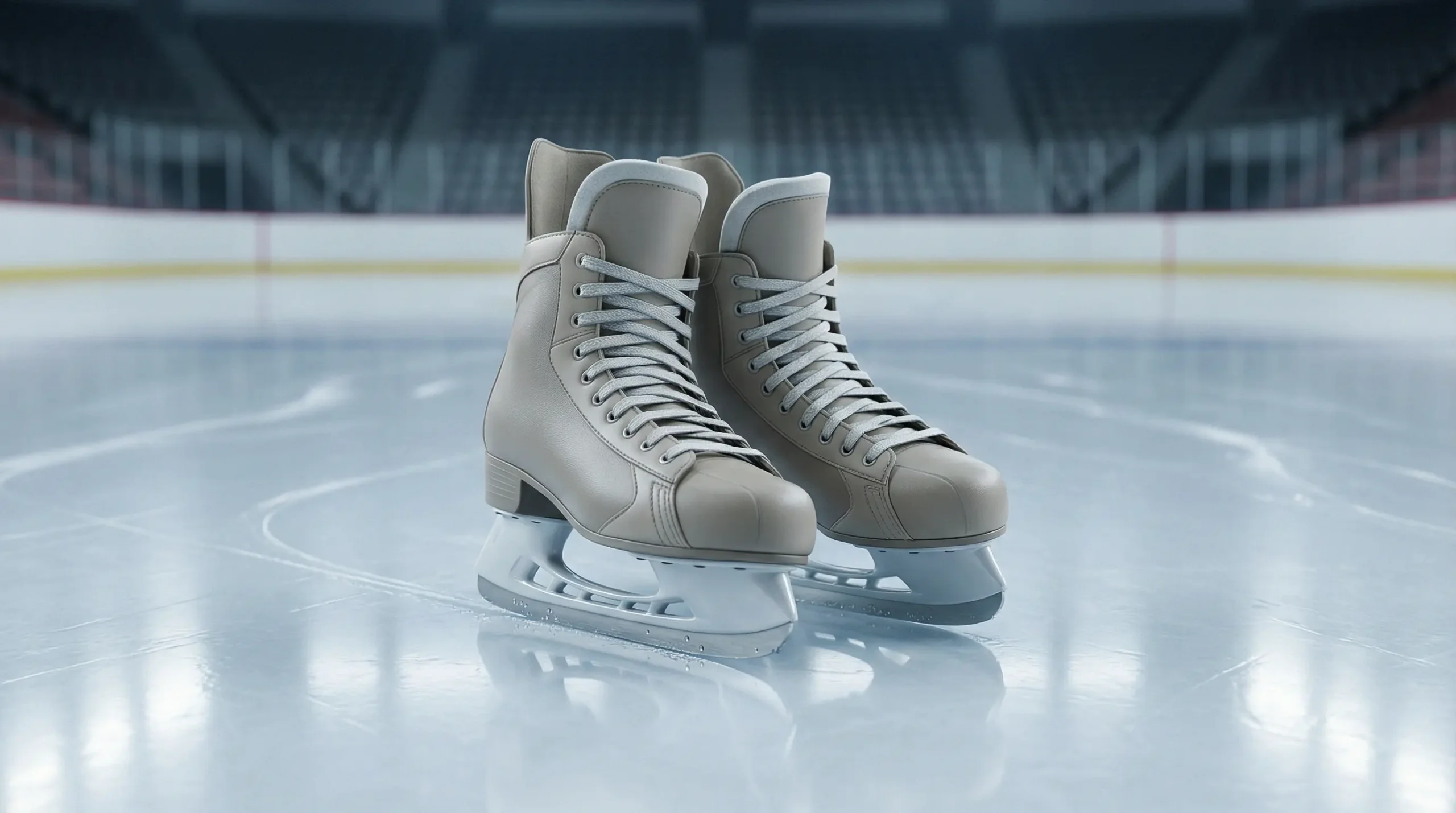 Paire de patins de hockey posée sur la glace d'une patinoire vide symbolisant le début