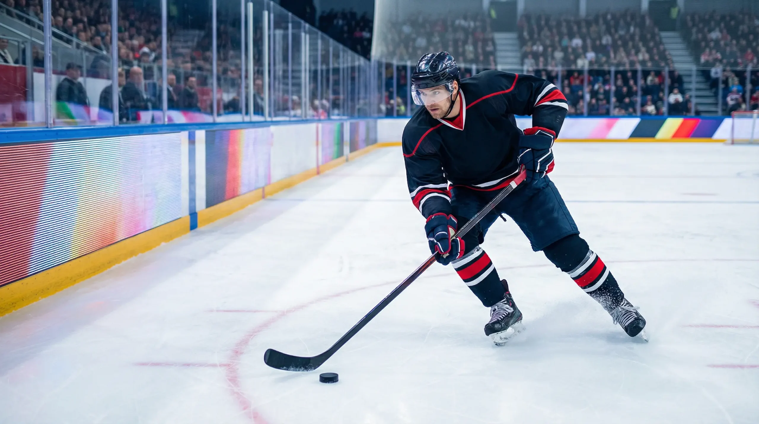 Joueur de hockey sur glace en action dans une patinoire aux couleurs vives de la KHL