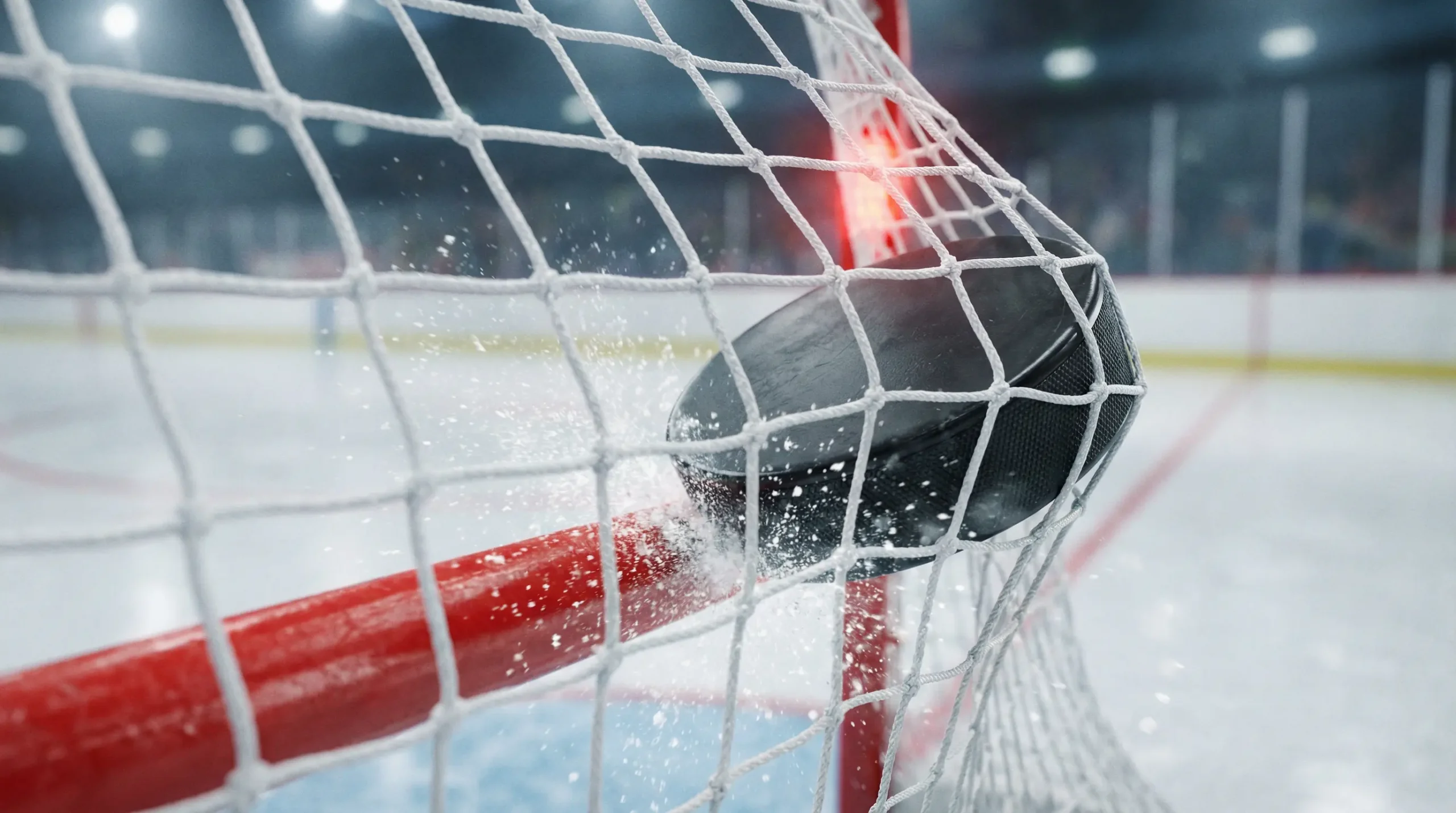 Palet de hockey entrant dans le filet d'un but sur une patinoire professionnelle