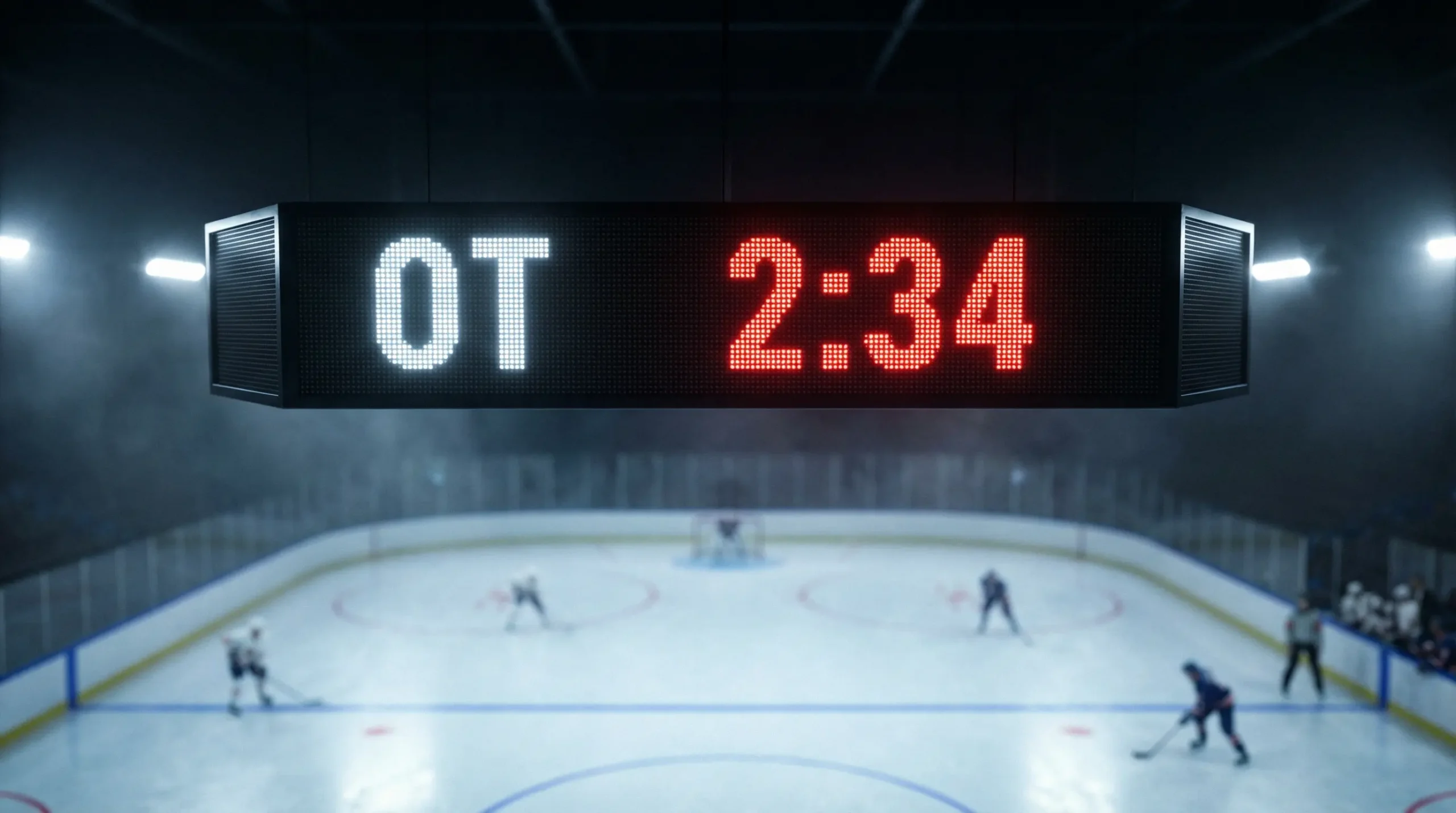 Horloge de patinoire affichant la prolongation lors d'un match de hockey sur glace tendu