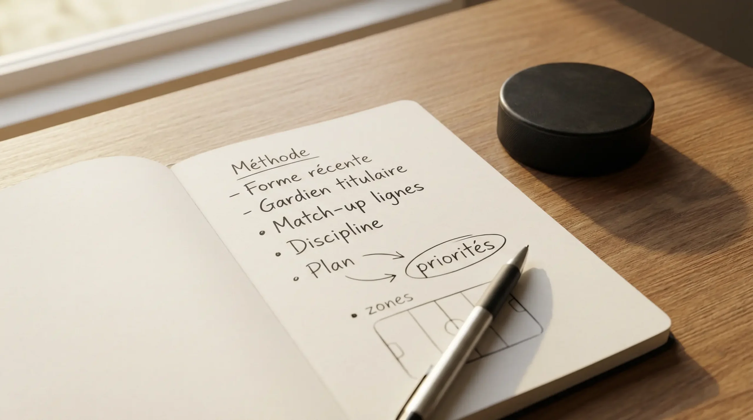 Carnet ouvert avec des notes manuscrites à côté d'une rondelle de hockey sur un bureau