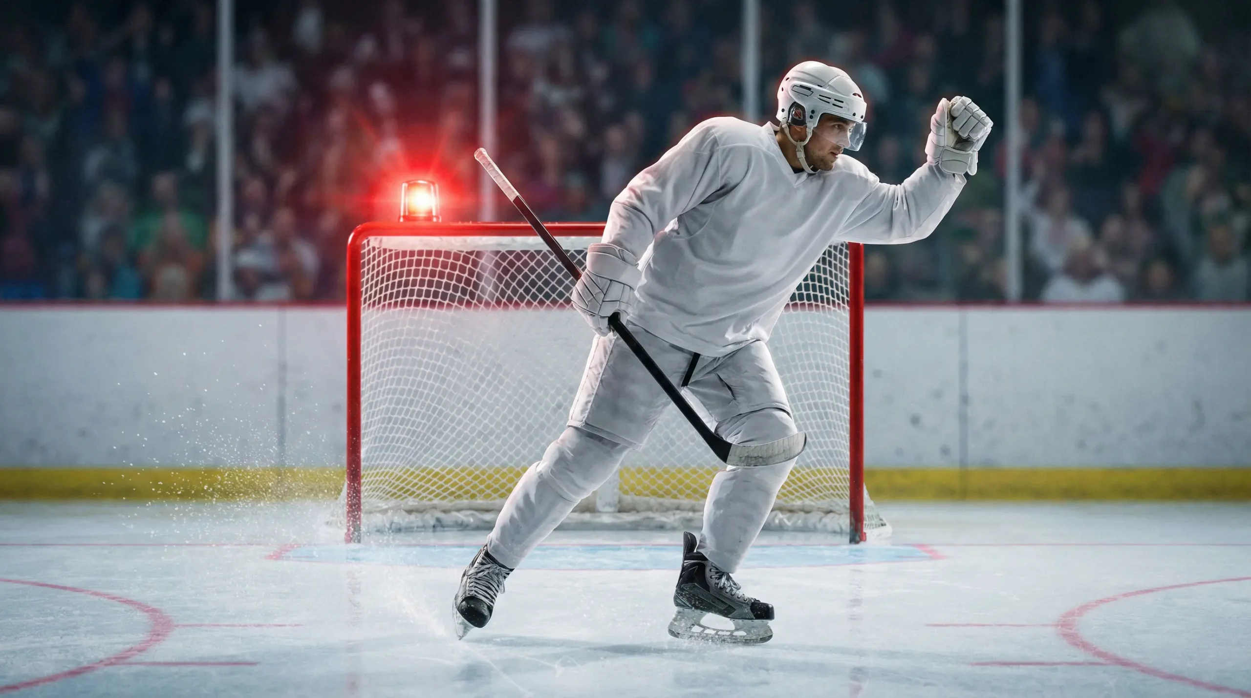 Joueur de hockey célébrant après avoir marqué un but individuel sous les projecteurs