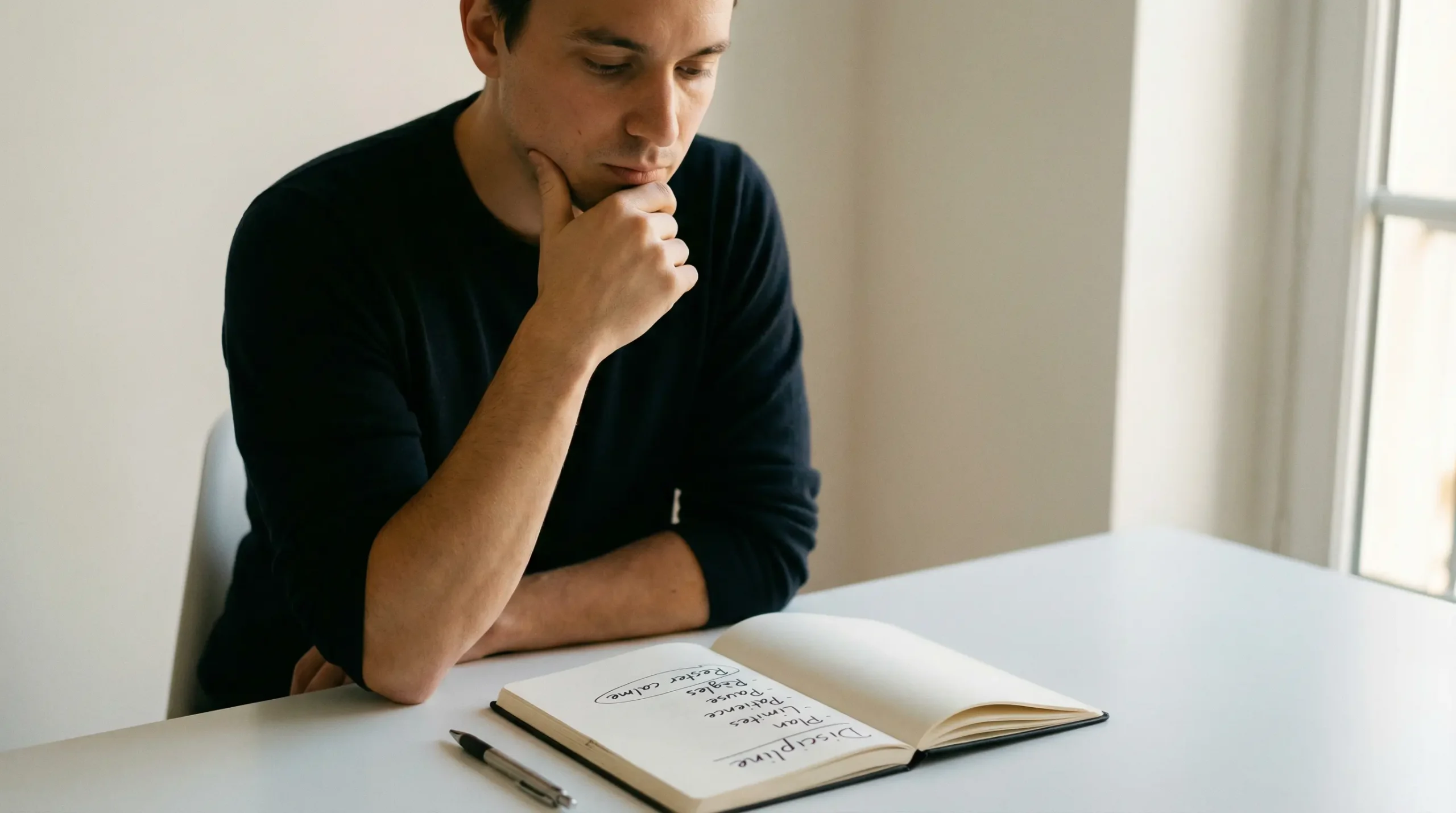 Personne réfléchissant calmement devant un bureau épuré avec un carnet et un stylo