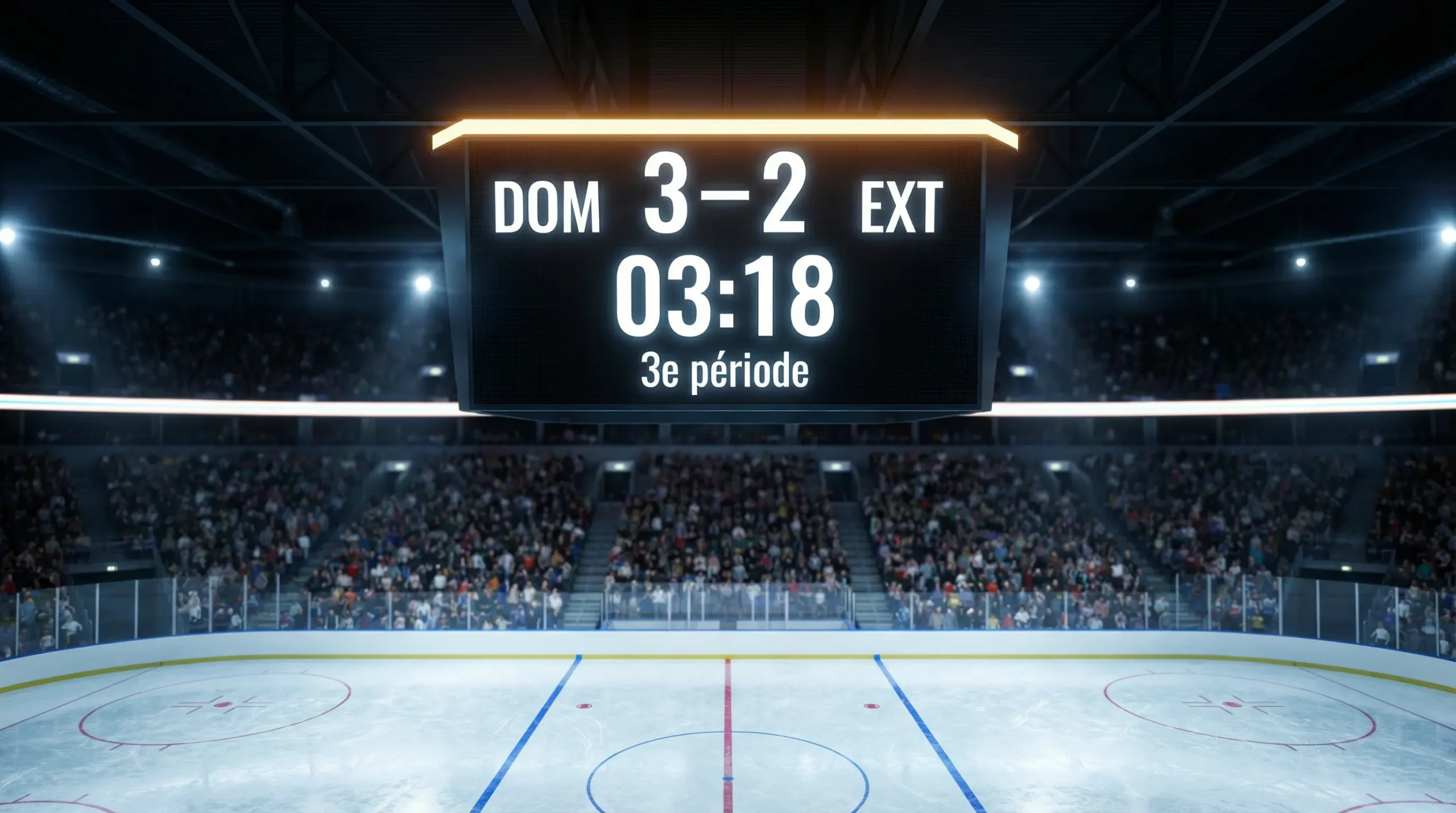 Tableau d'affichage de hockey sur glace montrant un score serré dans une patinoire éclairée