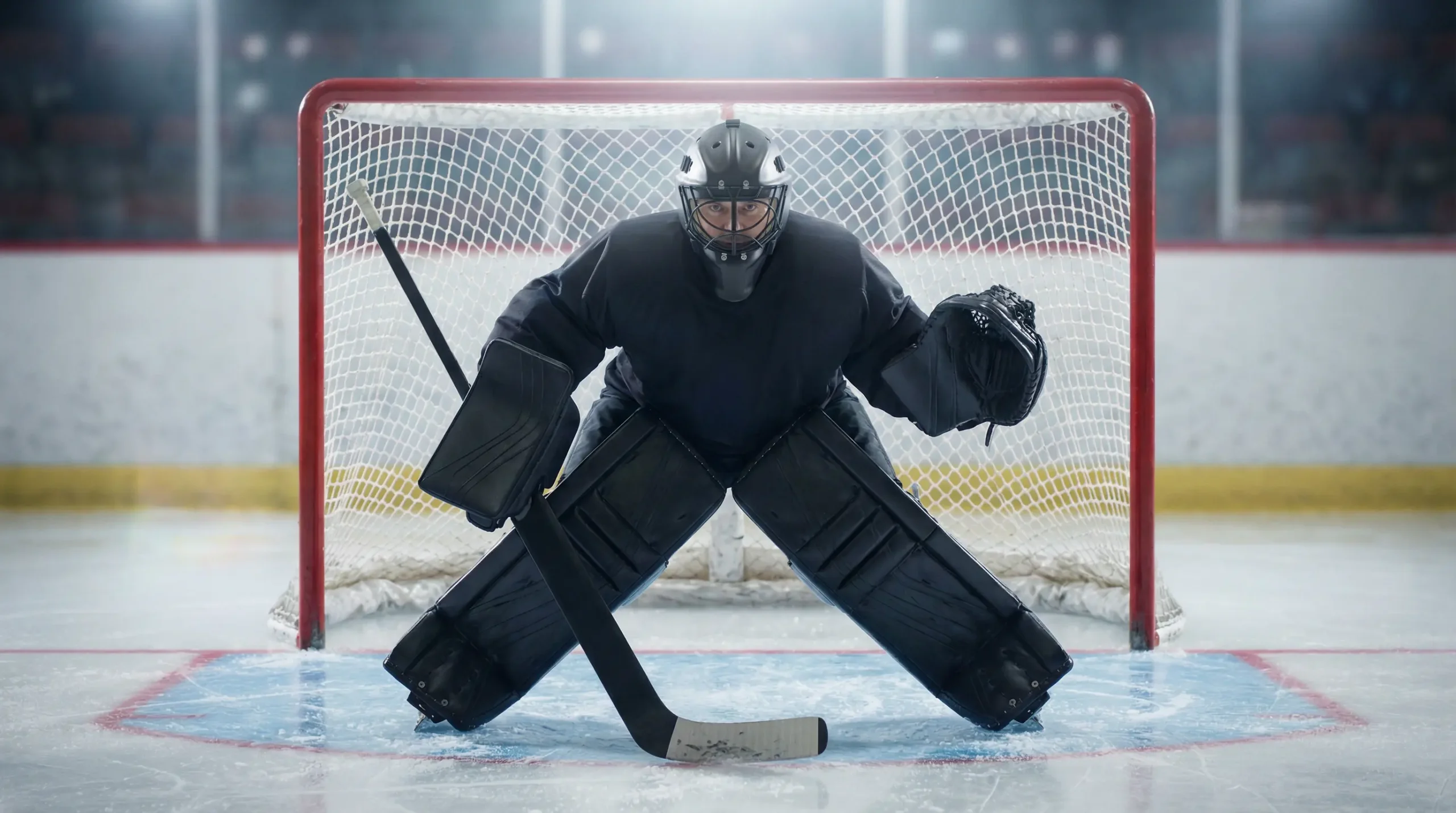 Gardien de hockey sur glace en position devant son but avec son équipement complet