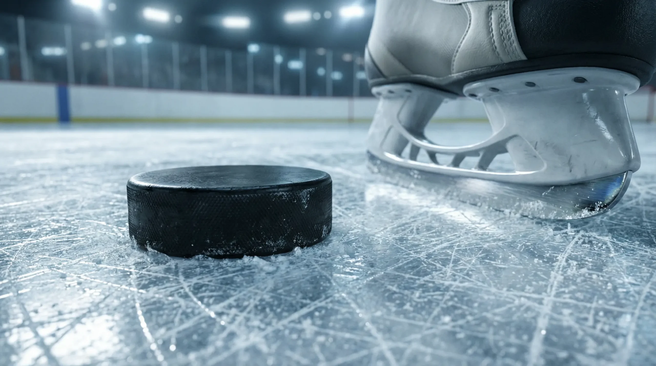 Gros plan sur un palet de hockey et des patins sur une surface de glace avec des marques de lames