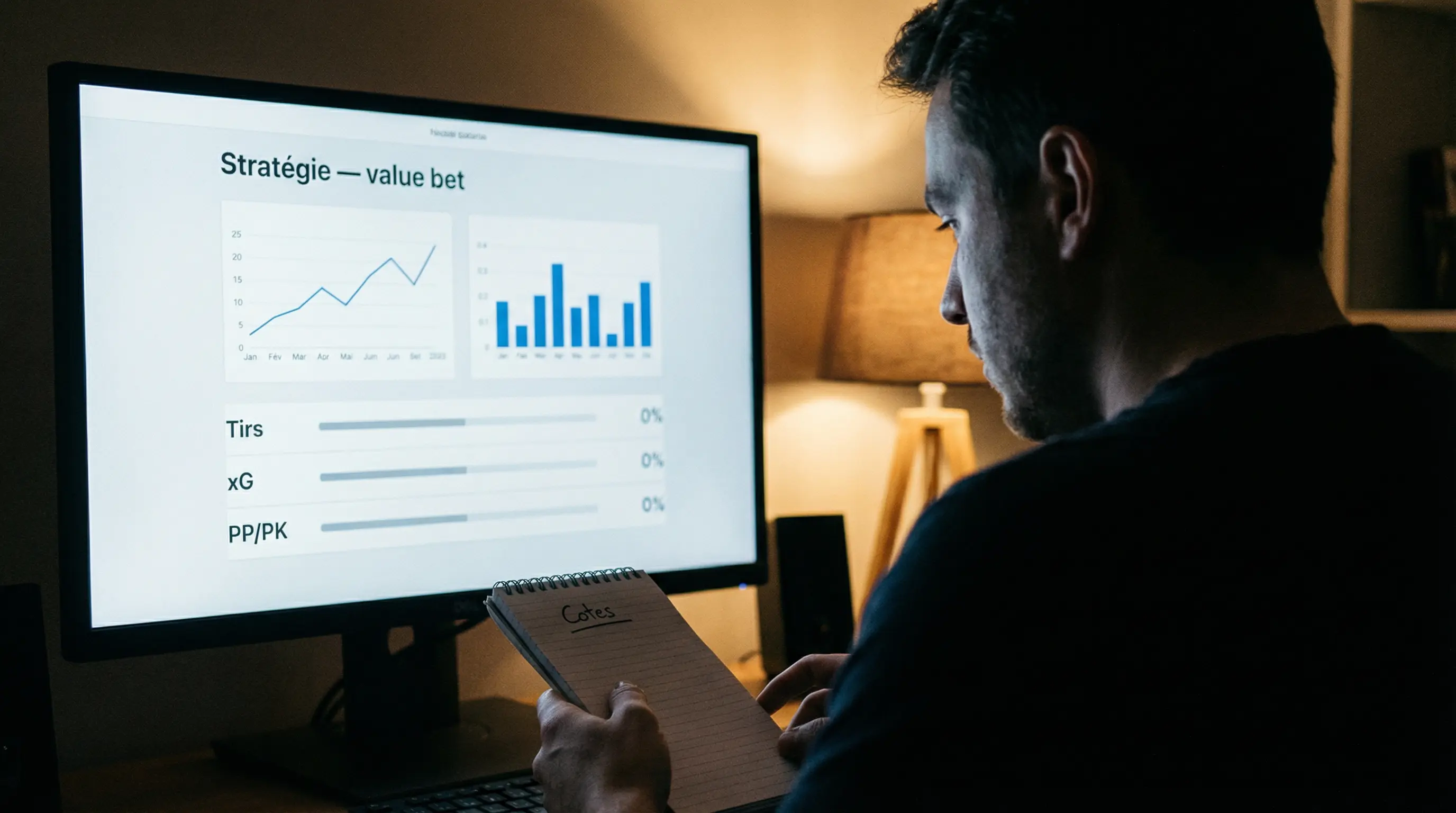 Personne analysant des statistiques de hockey sur un ordinateur portable dans un bureau